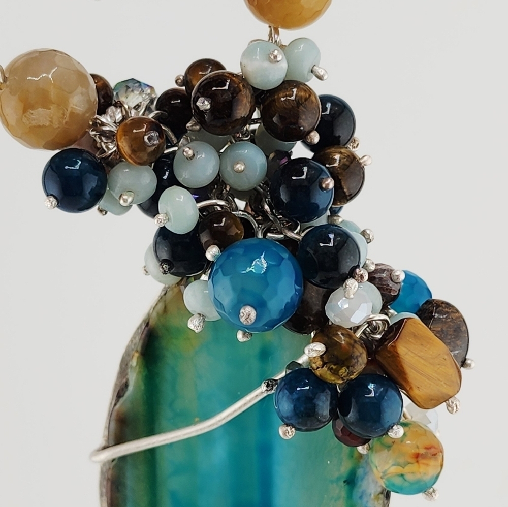 AGATE, AMAZONITE & TIGERS EYE GENUINE GEMSTONE NECKLACE HANDMADE STERLING SILVER